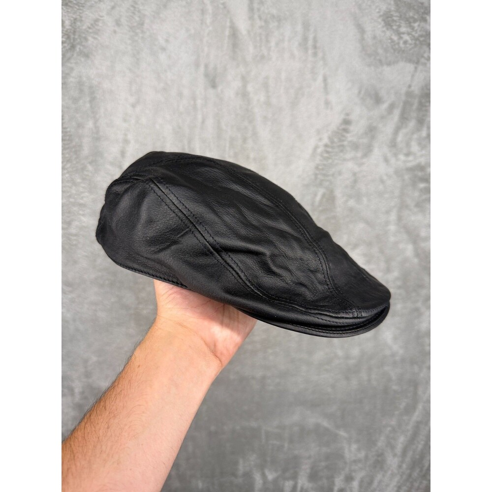 Wilsons Leather Flat Cap Cap Fitted Mens Size L/XL Black Cabby Newsboy Pelle